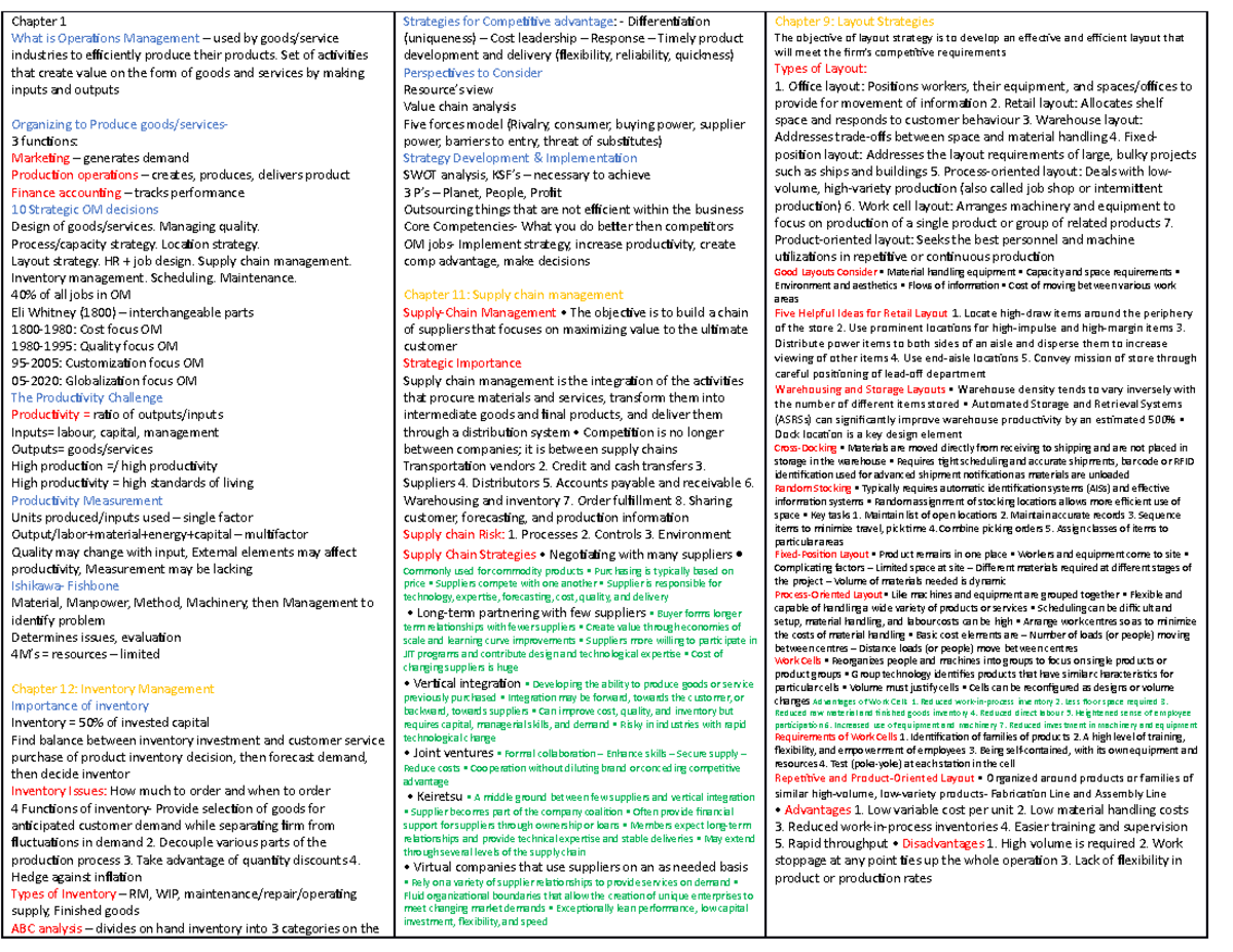 Cheatsheet - Midterm study - Chapter 1 What is Operations Management ...