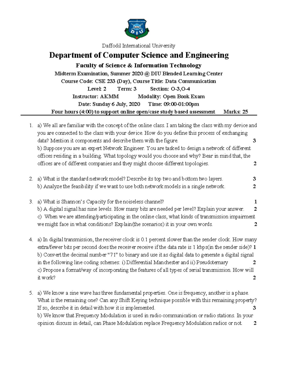 Parcial 7 2 February 2019, questions Daffodil International