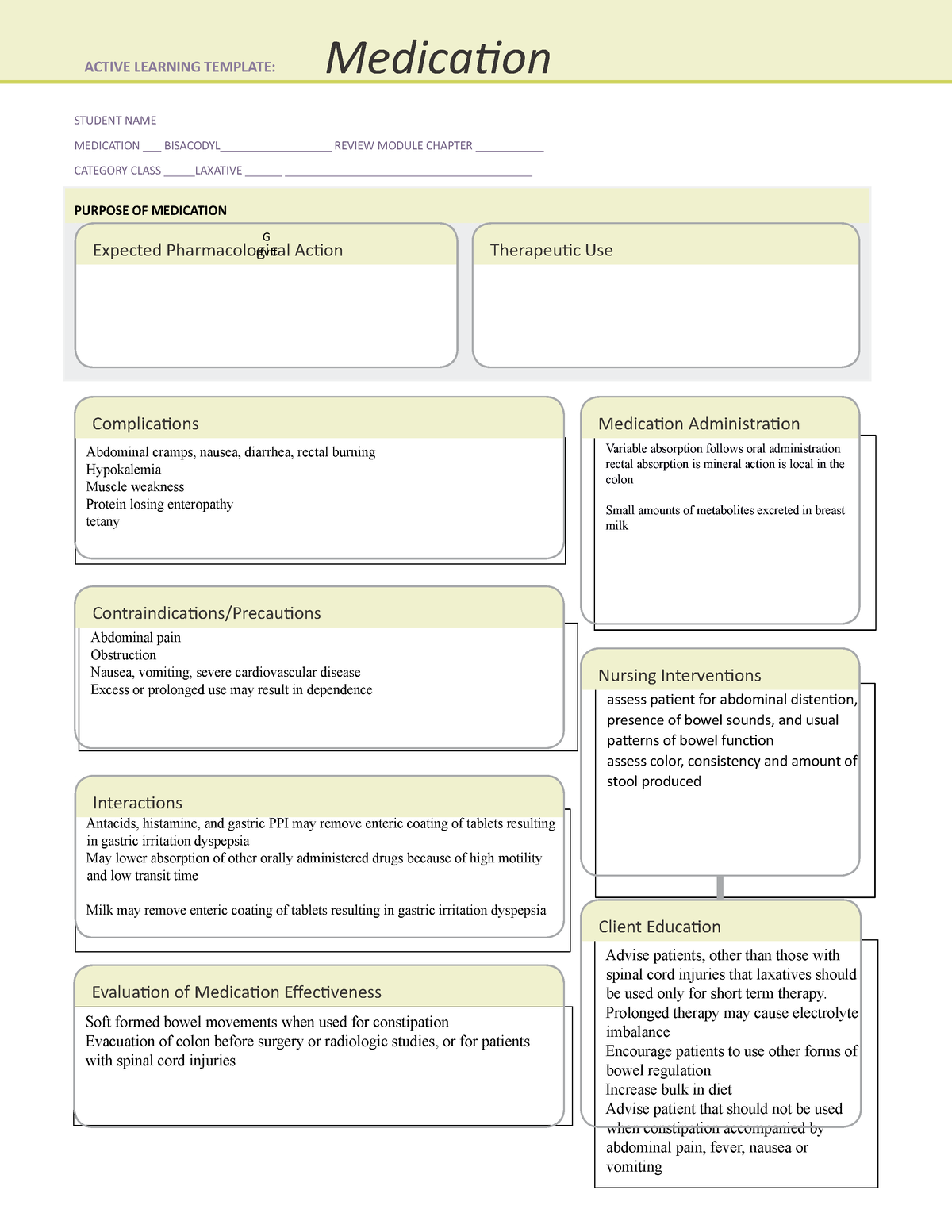Active Learning Template bisacodyl STUDENT NAME MEDICATION