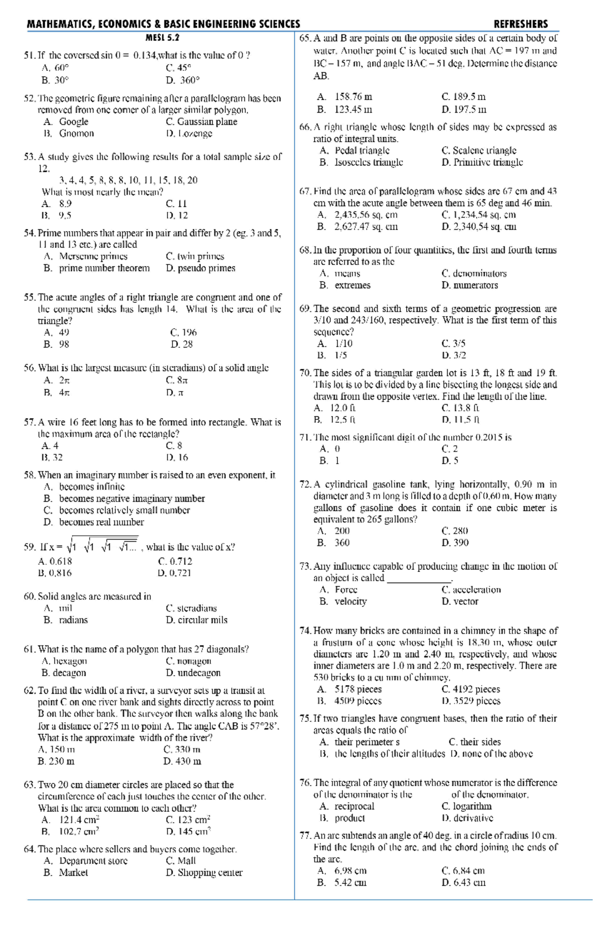 MESL Refresher Reviewer Mechanical Engineering Studocu