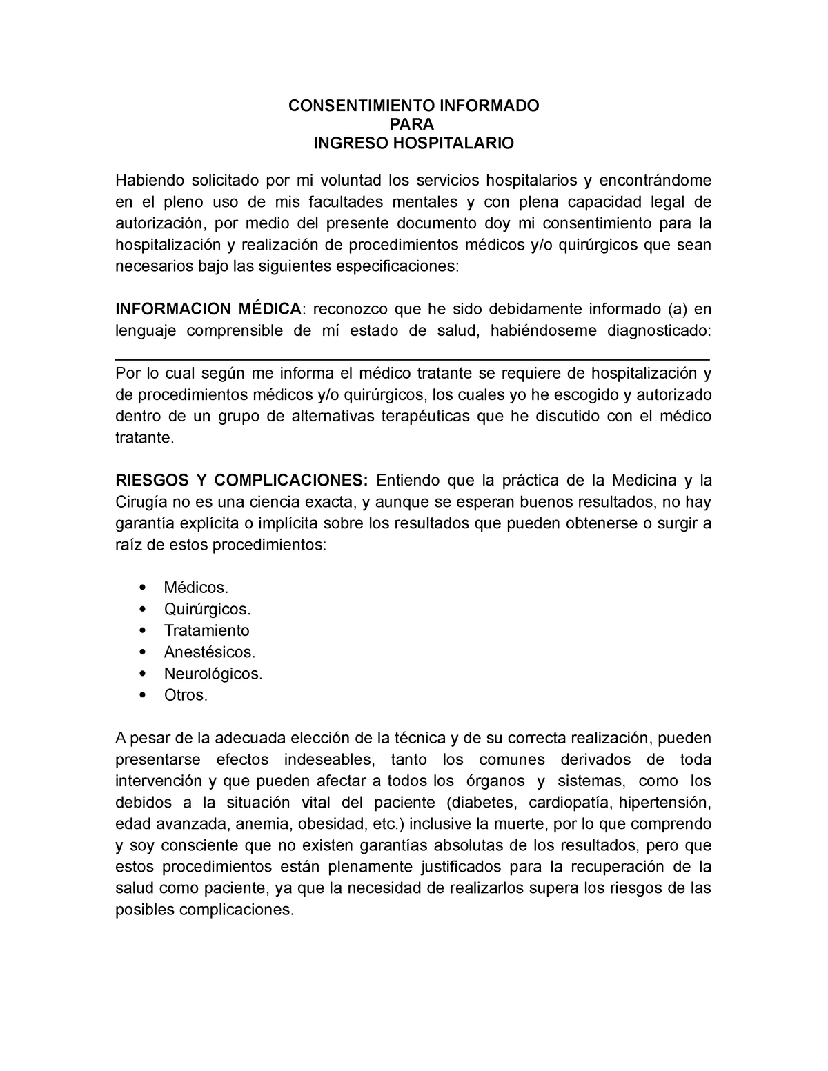 Ingreso Hospitalario Adulto Consentimiento Informado Para Ingreso Hospitalario Habiendo 1249