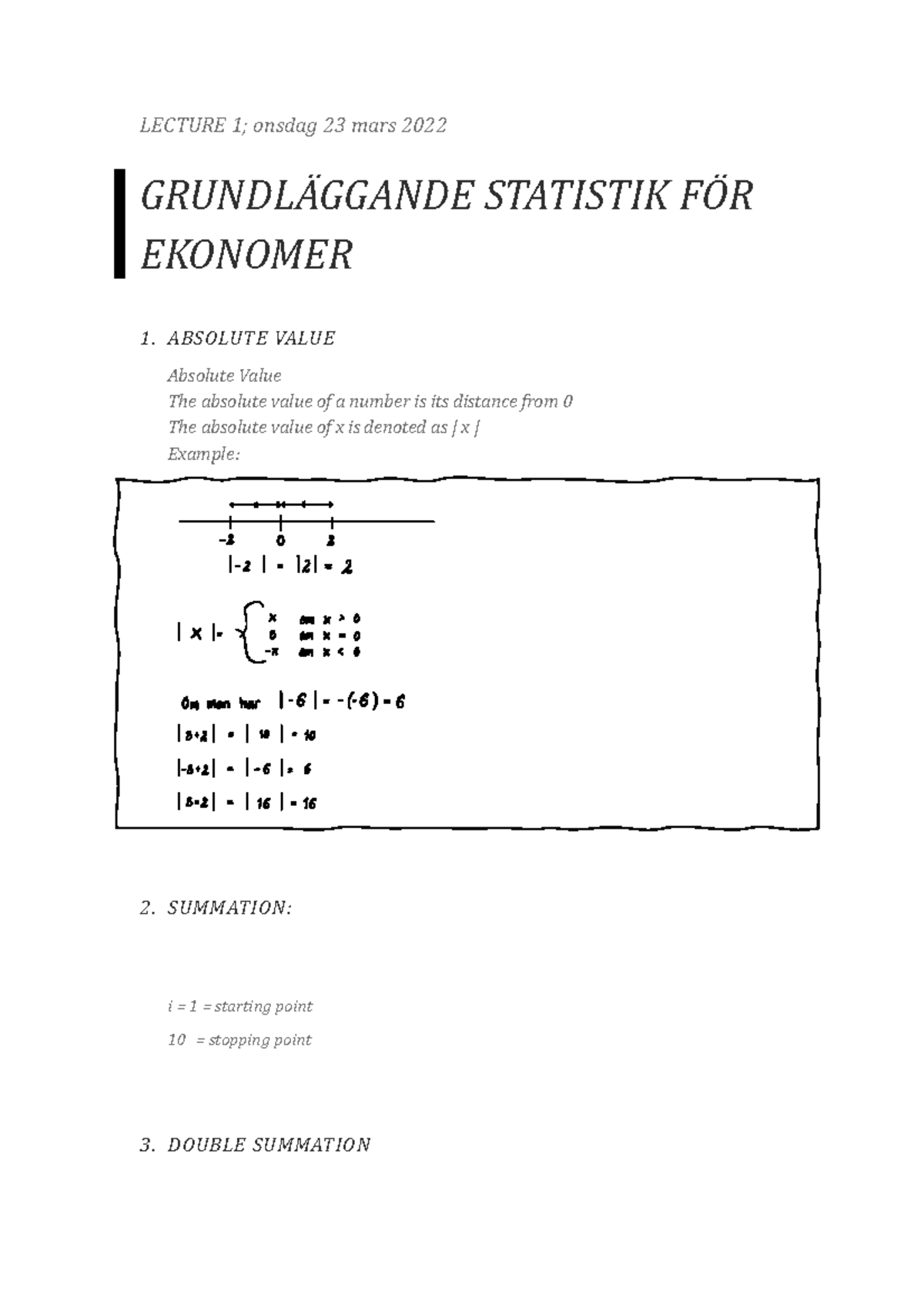 Statistics Notes Lecture 1 - LECTURE 1; Onsdag 23 Mars 2022 ...