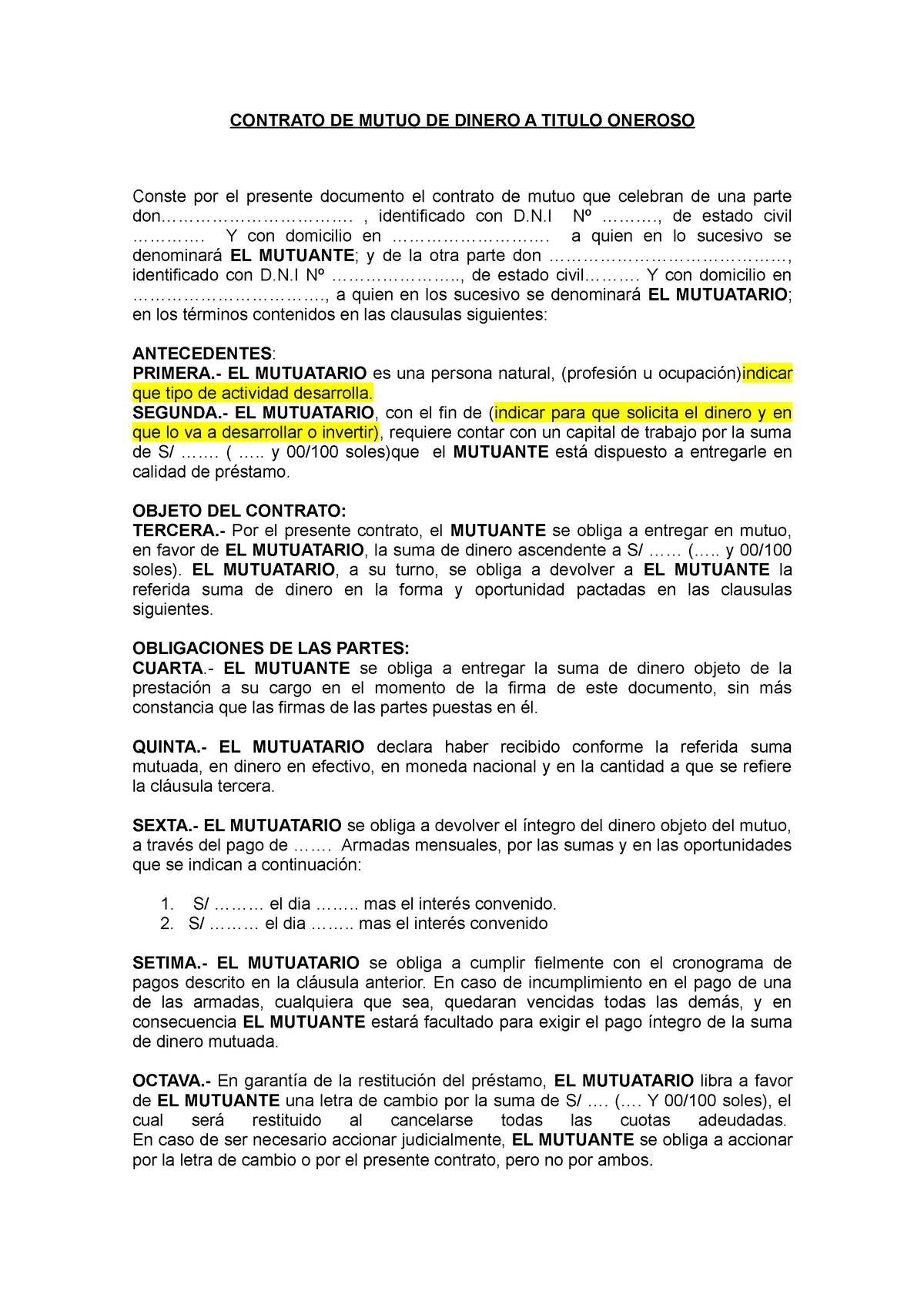 323505937 Contrato de Mutuo de Dinero a Titulo Oneroso Con Clausula de  Letra de Cambio - CONTRATO DE - Studocu