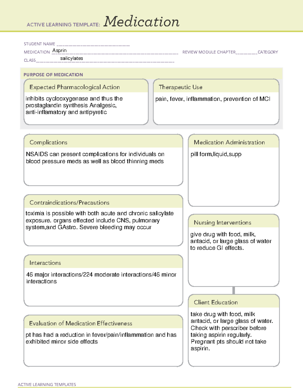 salicylates document practice - ACTIVE LEARNING TEMPLATES Medication ...