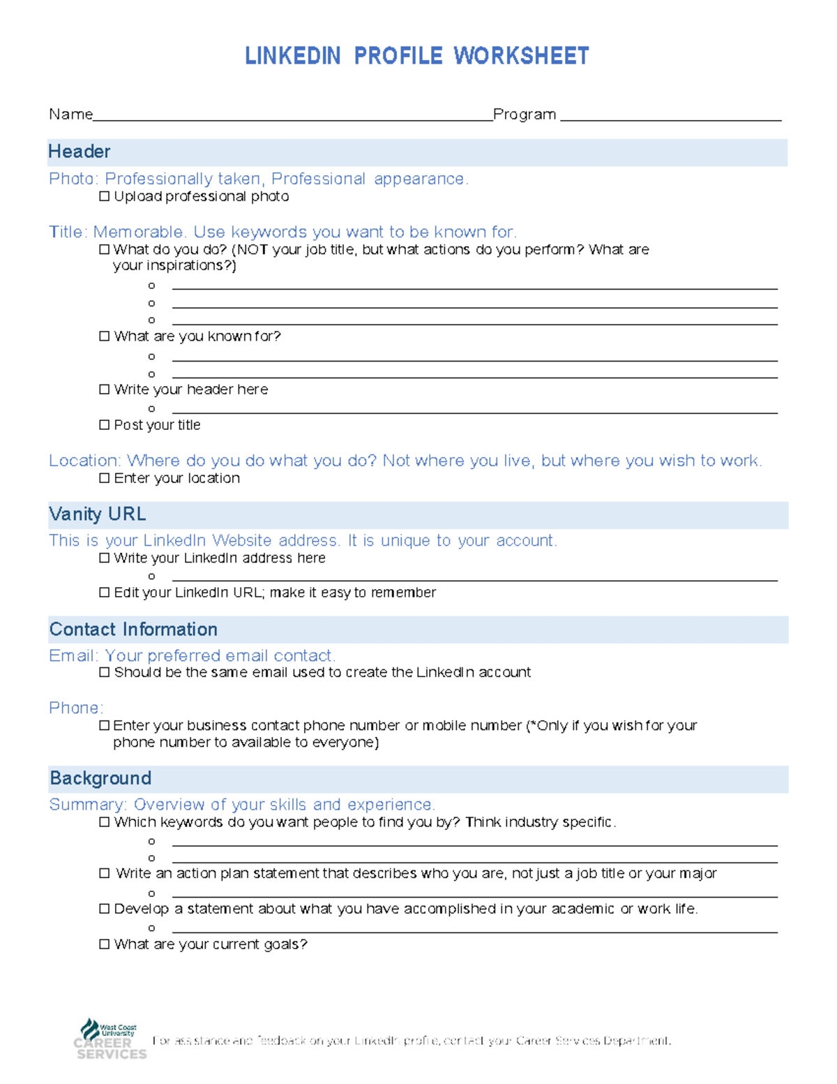 Linkedin Profile Worksheet - LINKEDIN PROFILE WORKSHEET Header Vanity ...