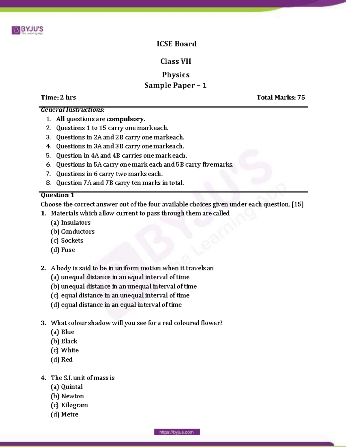 Icse class 7 physics sample paper set 1 icse board class vii physics