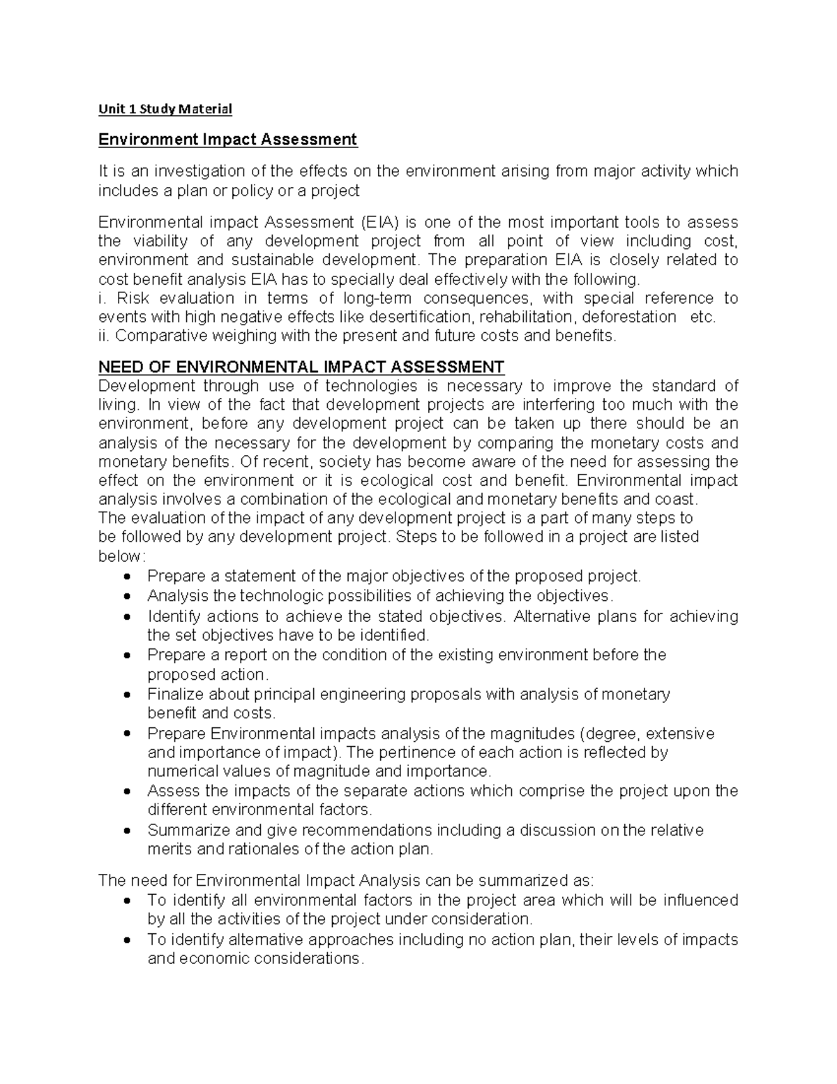 UNIT 1@EIA - notes - Unit 1 Study Material Environment Impact ...
