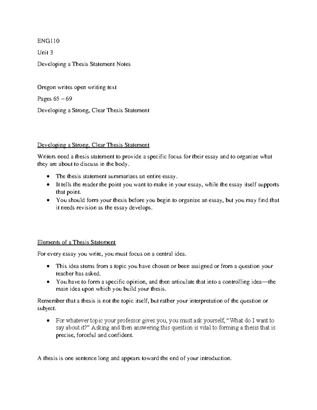 ENG110 Unit 3 Developing a Thesis Statement Notes - ENG Unit 3 ...