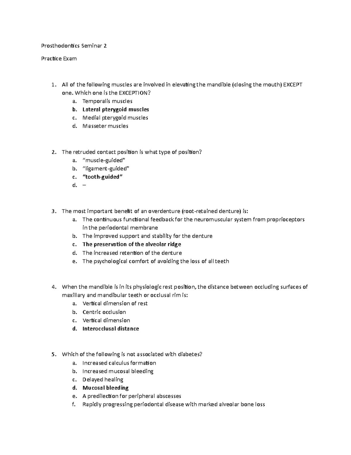 Prostho2PracticeExamination and Quiz 2012 Prosthodontics Seminar 2