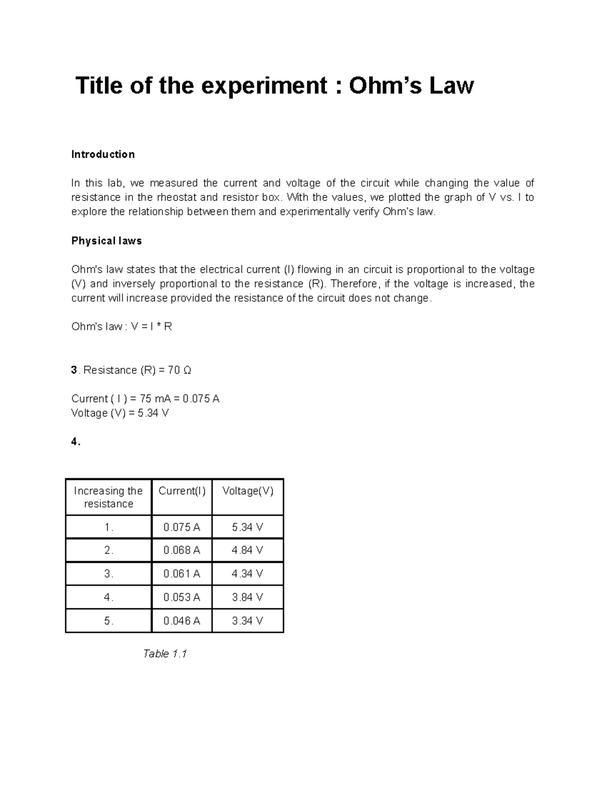 Ohm's law lab report 2020 Title of the experiment Ohm’s Law