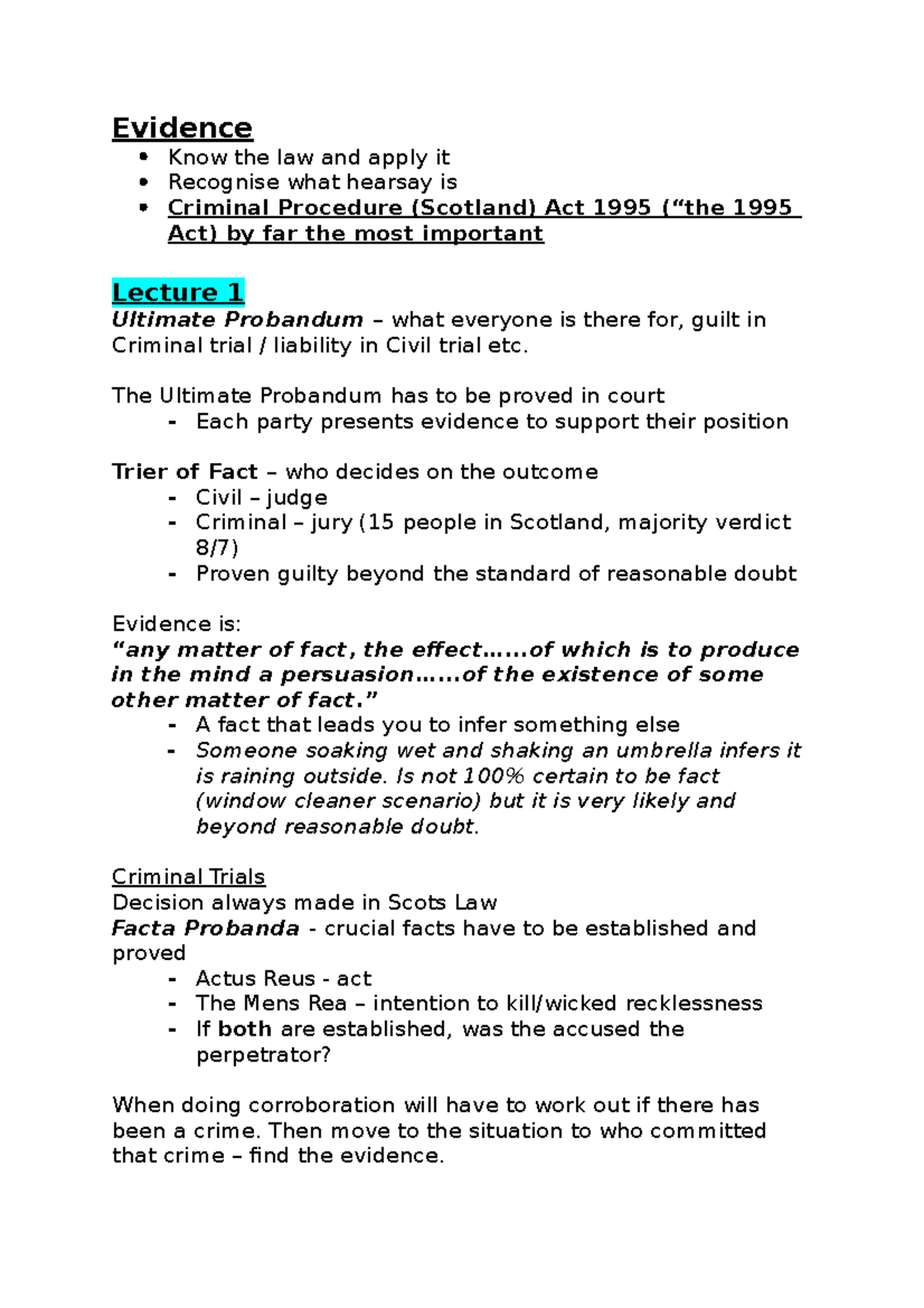 Evidence Lectures - Lectrure Notes 1-9 - Evidence Know The Law And ...