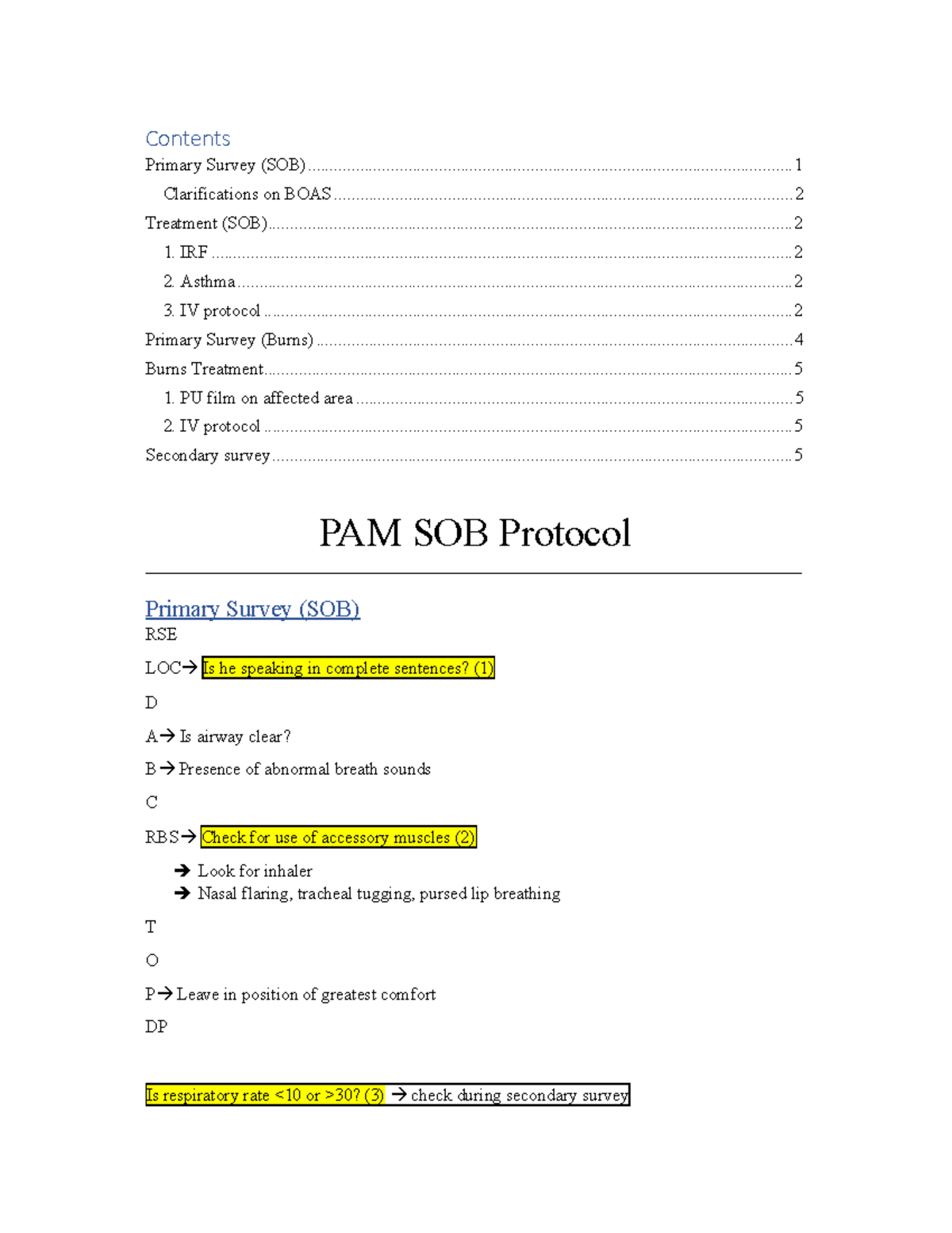 PAM SOB & Burns Protocol CAA 080122 - Contents Primary Survey (SOB ...