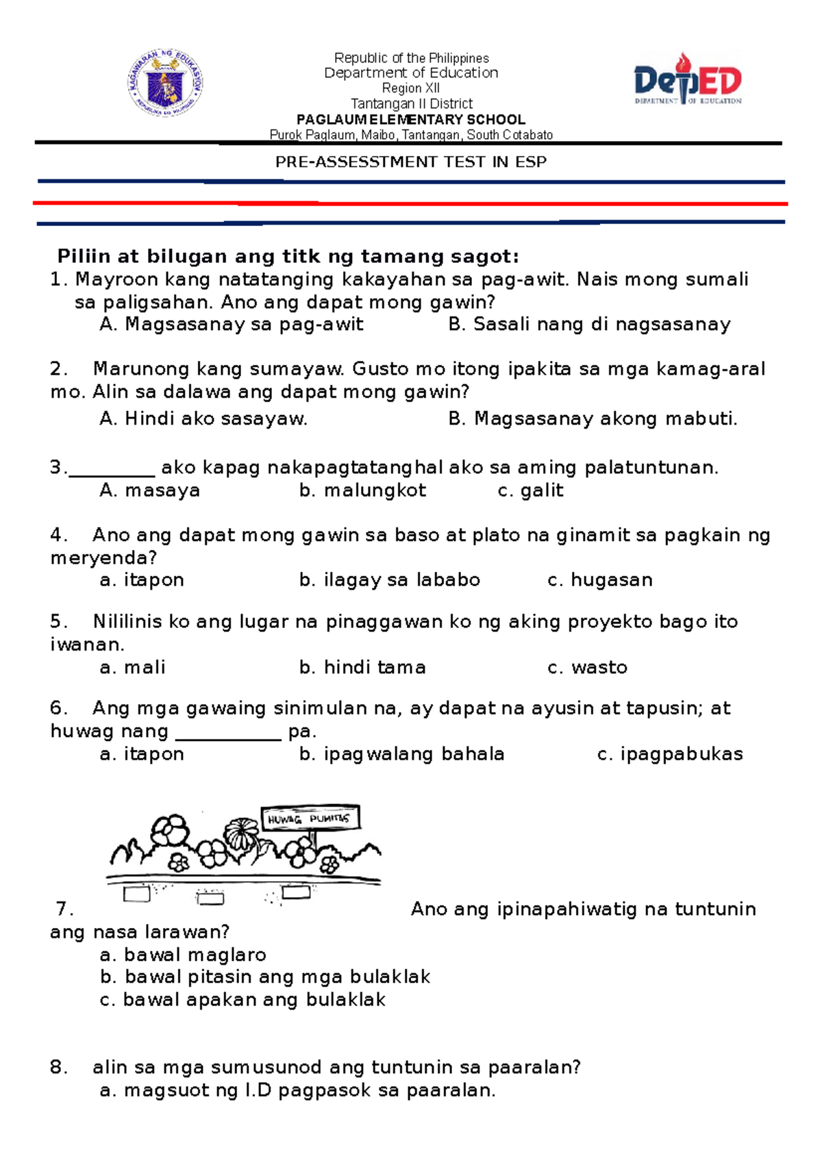 PRE-TEST ESP 2 - TEST - Republic of the Philippines Department of ...