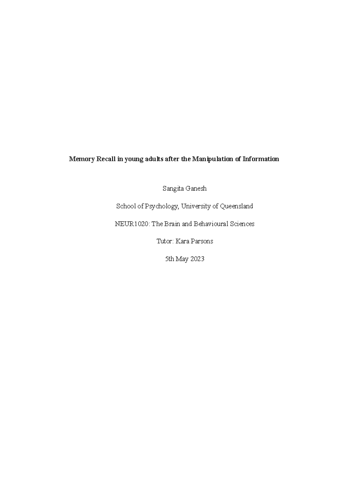 Research Claim Essay 2023 - Memory Recall in young adults after the ...