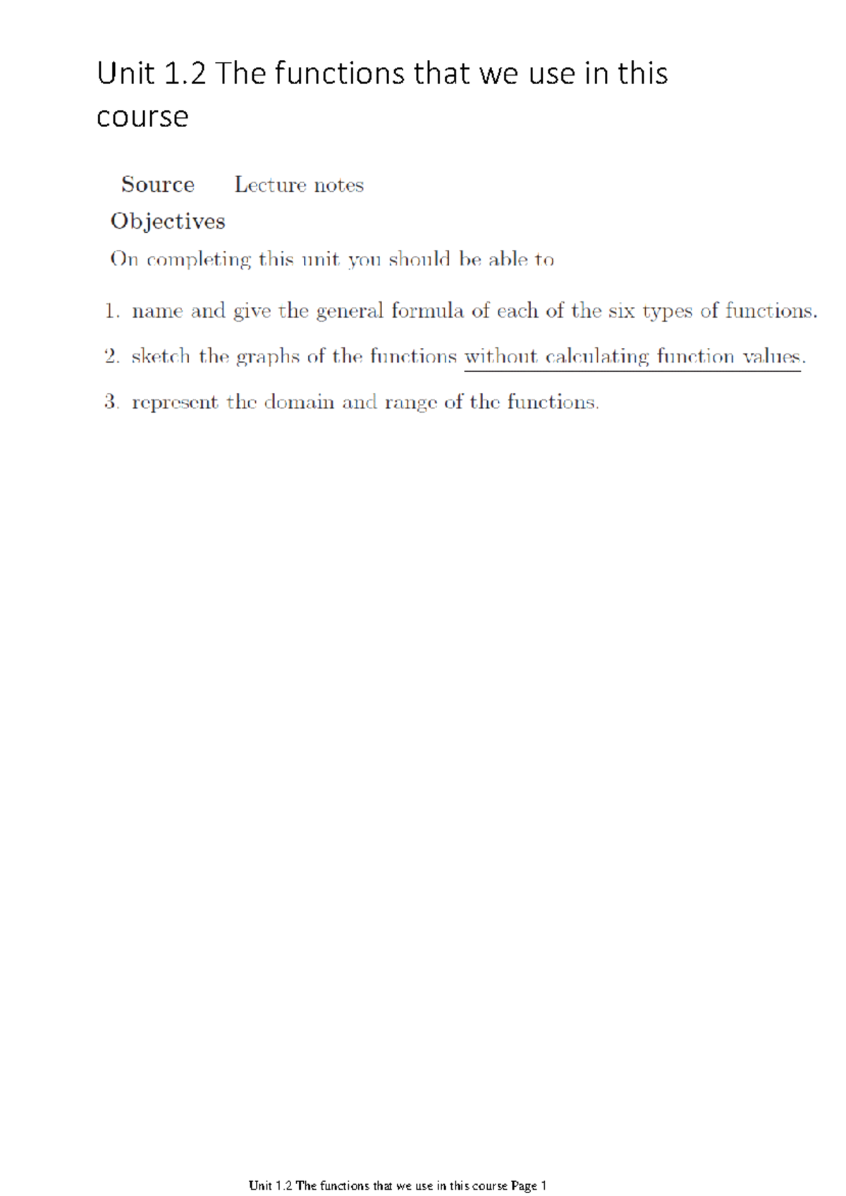 Unit 1.2 The functions that we use in this course - The six types of ...