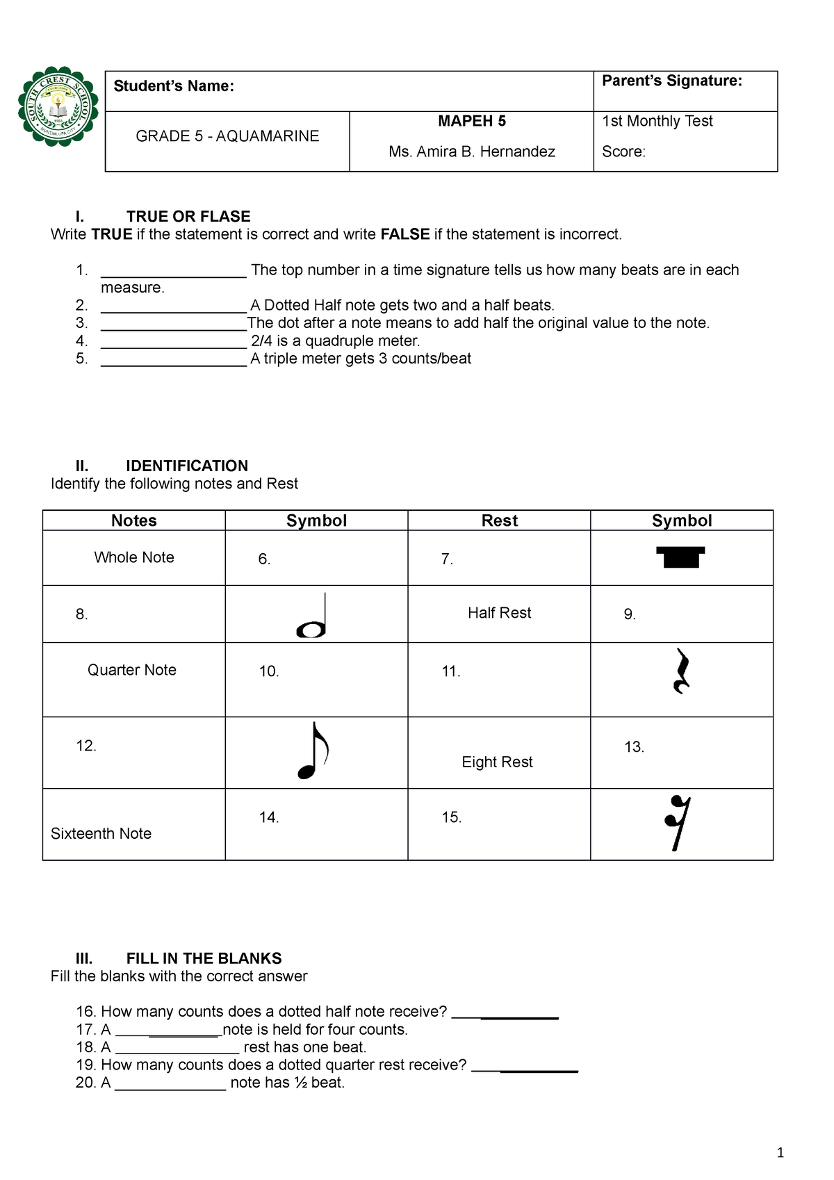 Mapeh 5 - .... - Student’s Name: Parent’s Signature: GRADE 5 ...