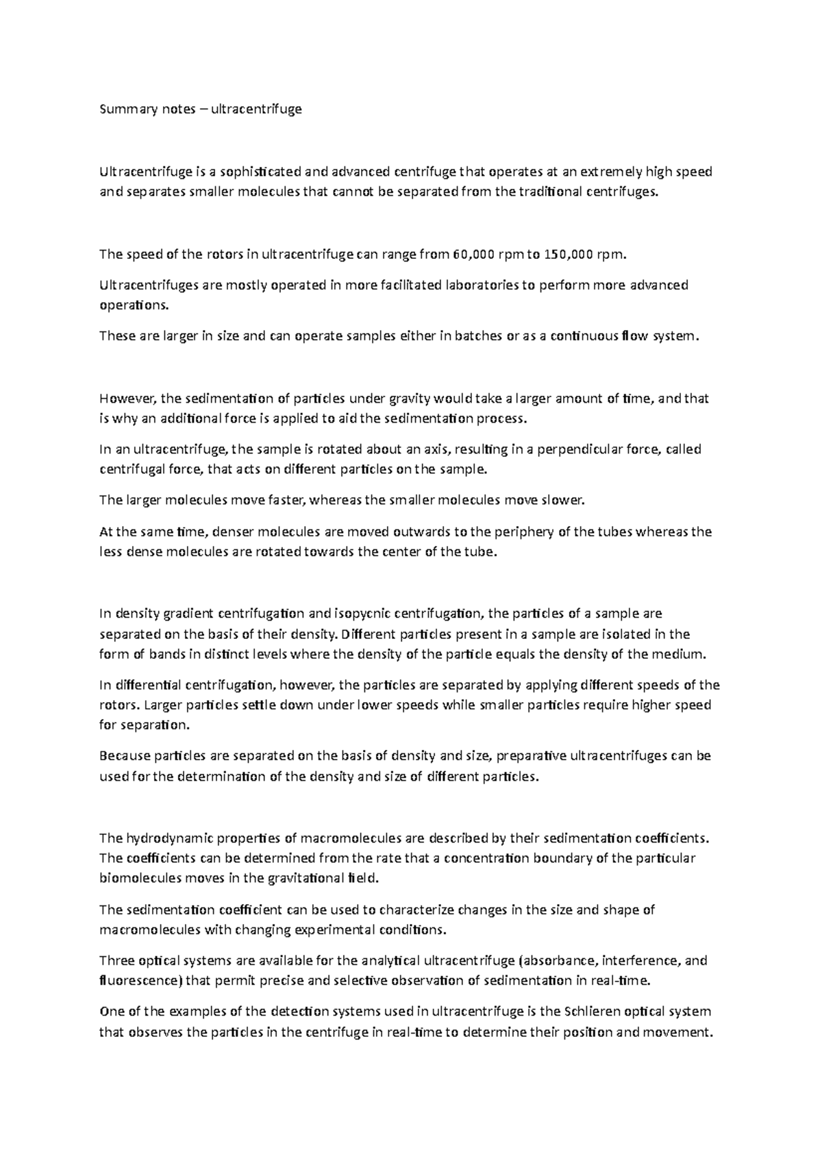 Summary notes ultracentrifuge Summary notes ultracentrifuge