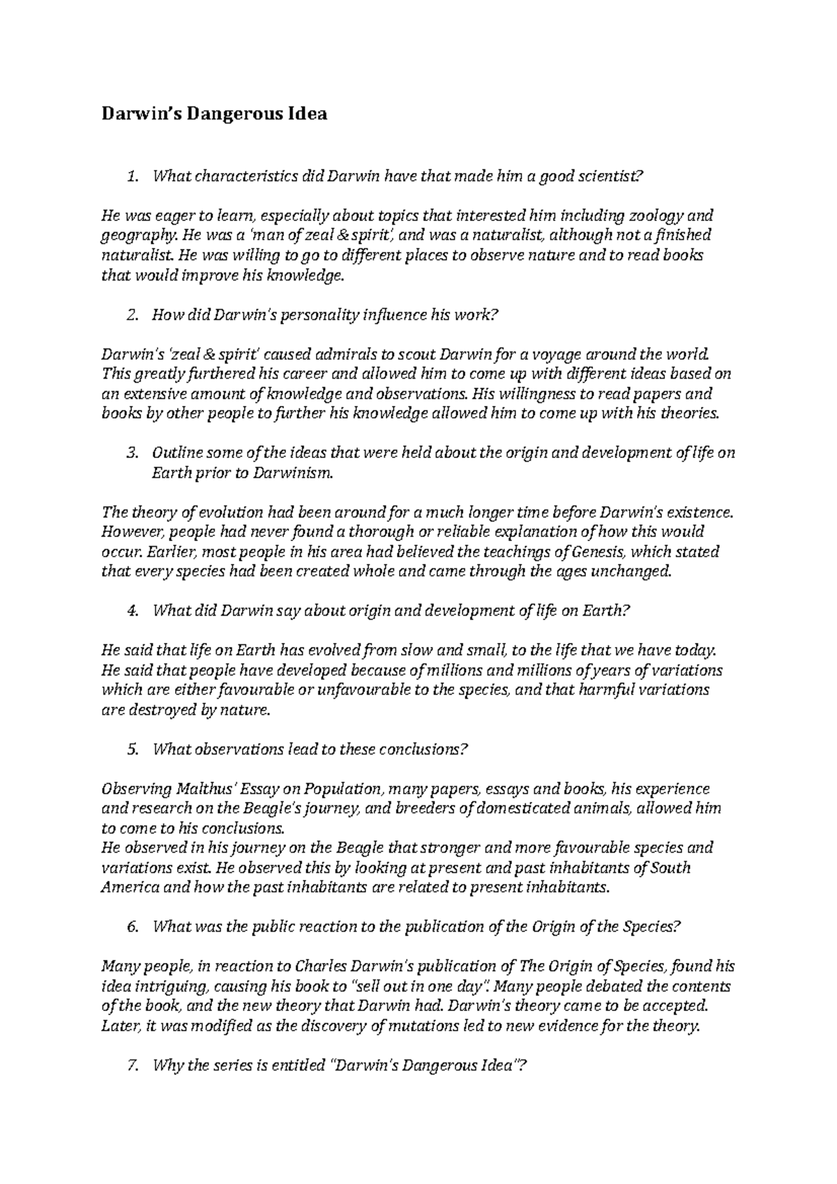 Darwins Dangerous Idea Worksheet Darwin’s Dangerous Idea What