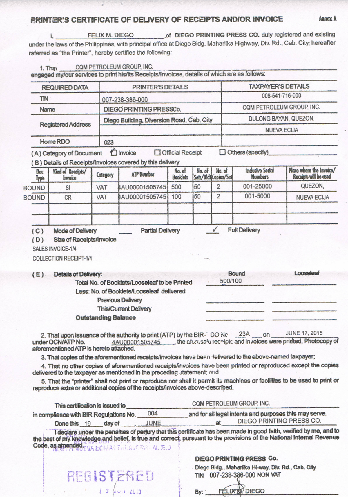 Printer Certificate OF DEL OF Receipt AND OR Invoice - Business Tax ...