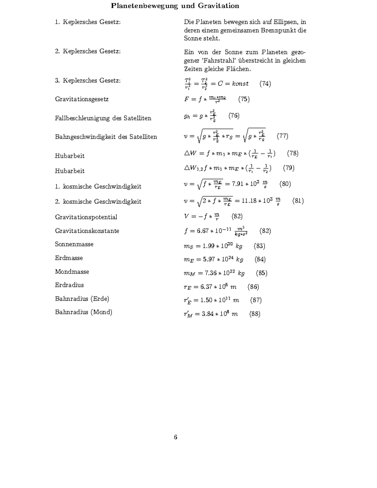 Physikalische Formelsammlung I 6 Planetenbewegung Und Gravitation