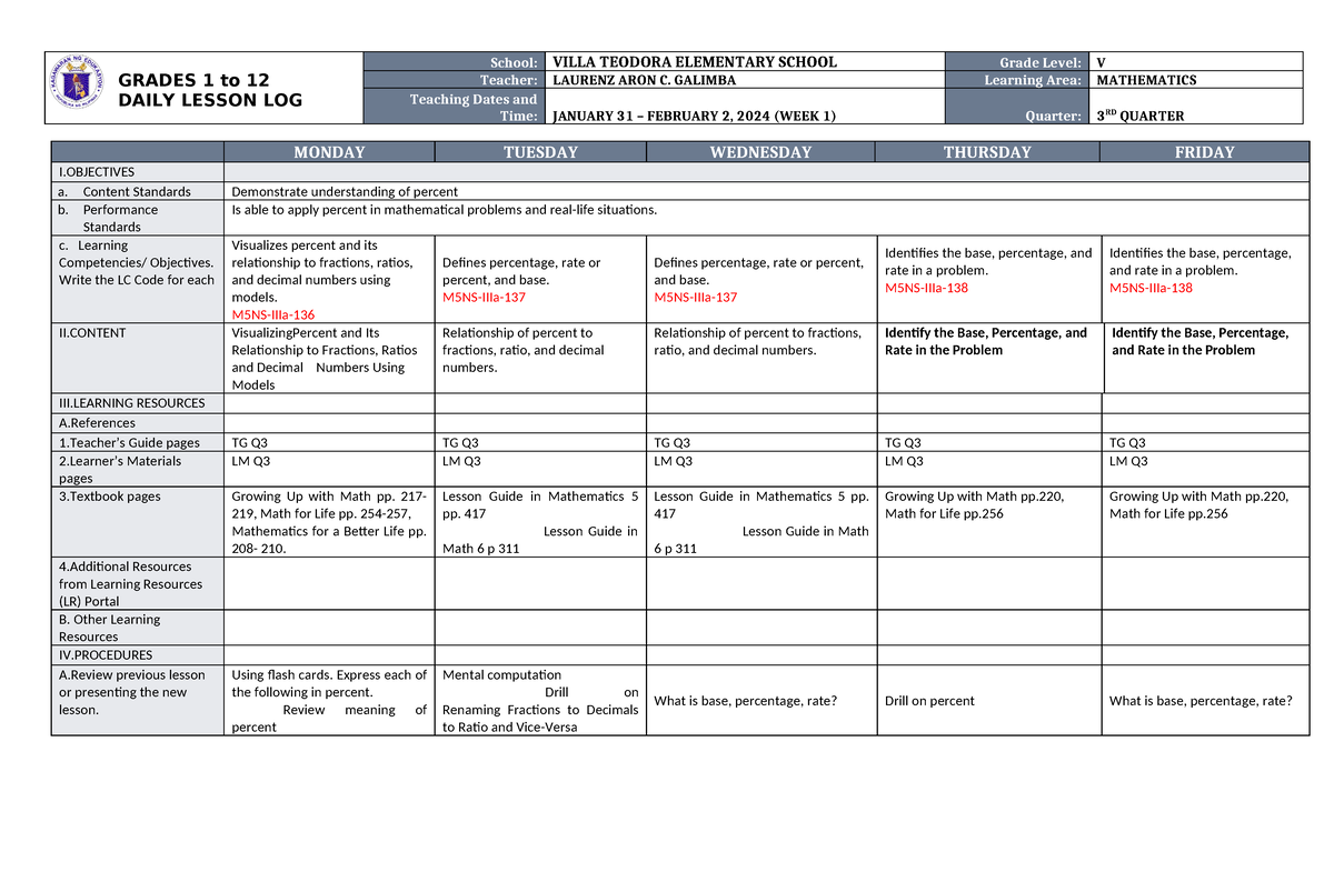 MATH Q3 W1 - math - GRADES 1 to 12 DAILY LESSON LOG School: VILLA ...