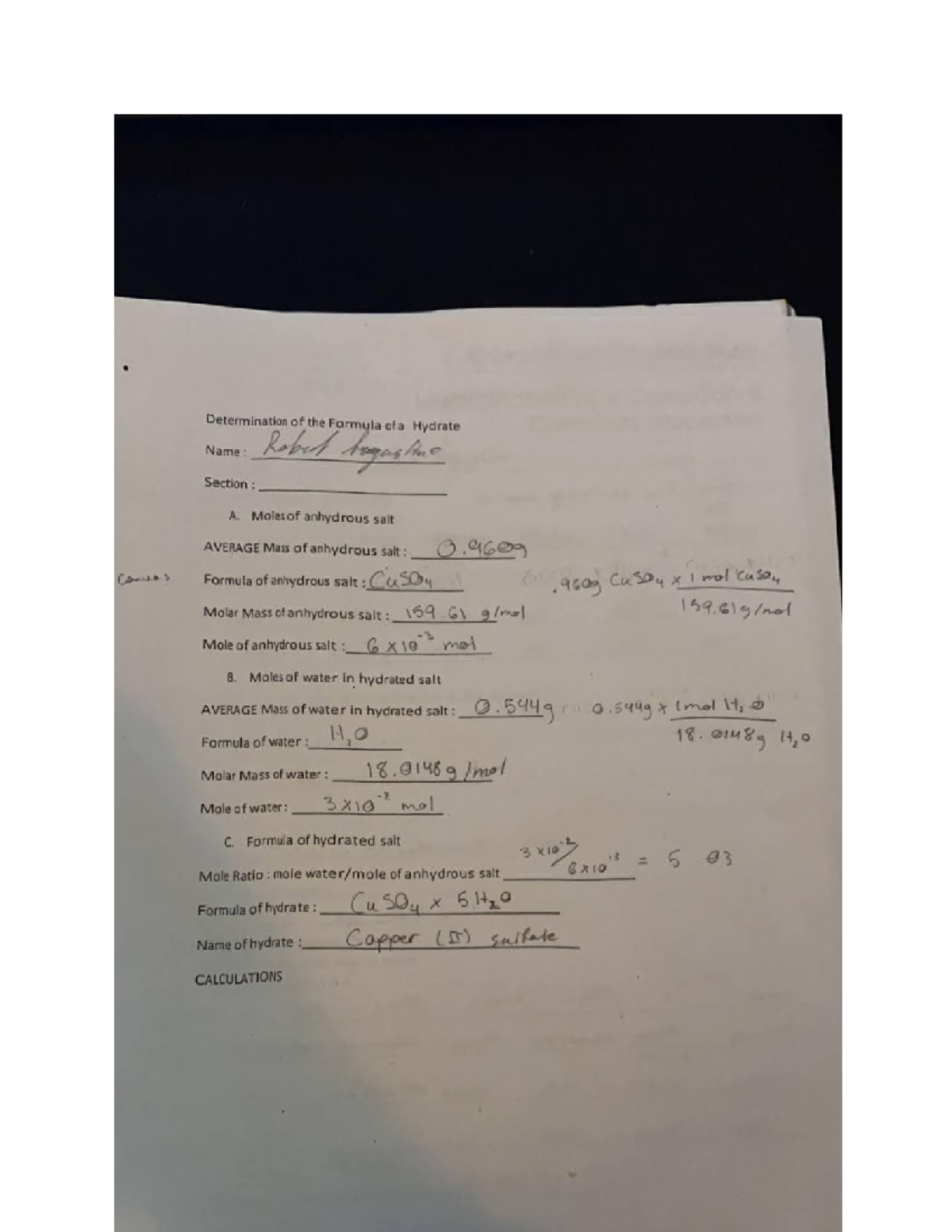 Formula hydrate chem lab work Chem 14BL Studocu