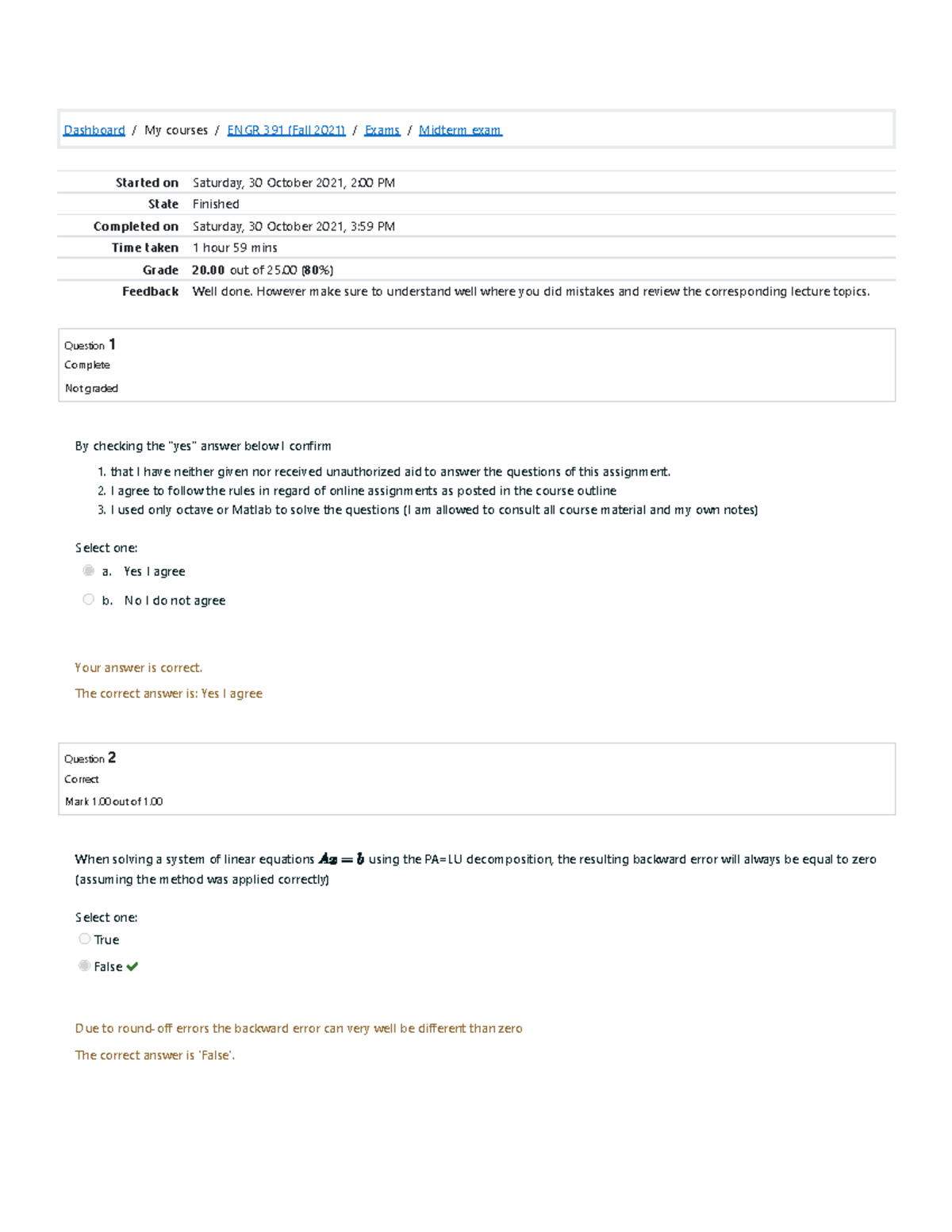 Midterm exam for engr 391 with answers - Dashboard/My courses/ENGR 391 ...