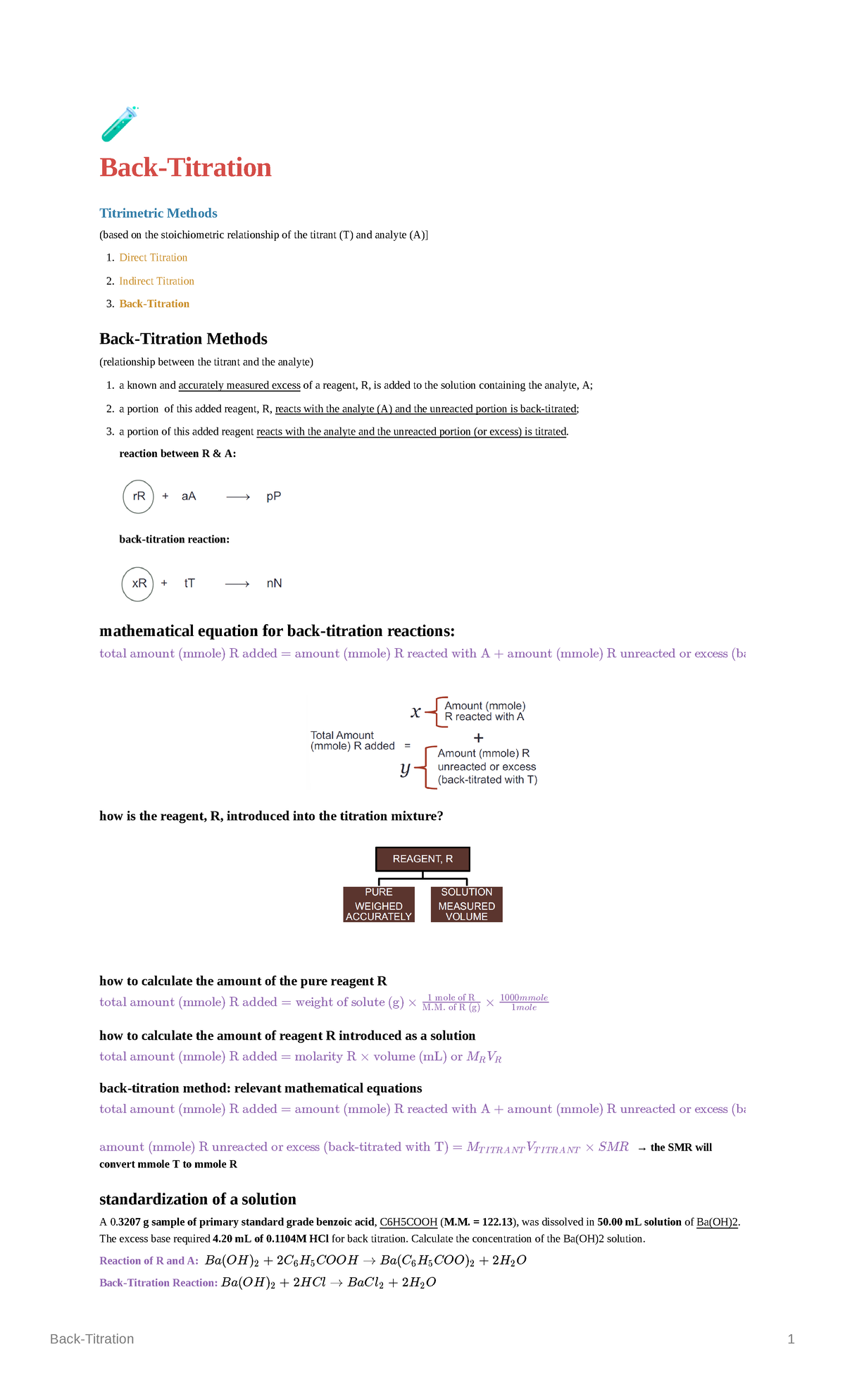 Back Titration Lecture Notes BackTitration Titrimetric Methods