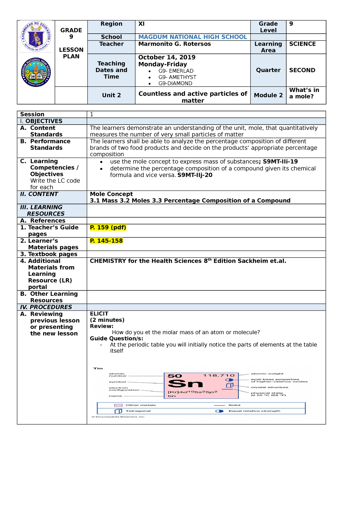 Lesson plan 7 ex27s Compress Chemistry 7e Lesson Plan For Deped GRADE 