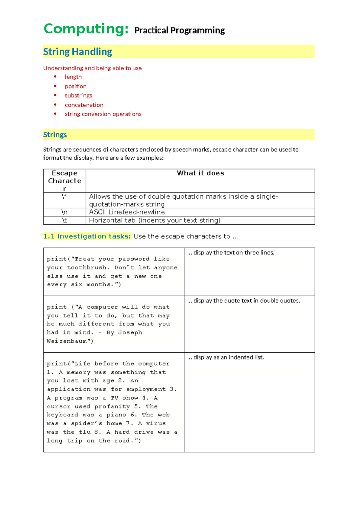 01 String Handling part 1 HW due 3 - String Handling Understanding and ...