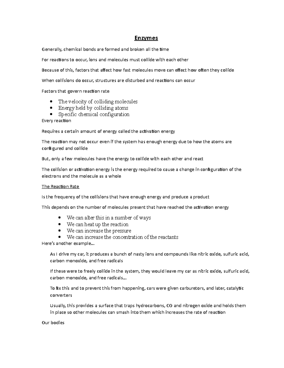 Enzyme Notes Complete - Enzymes Generally, Chemical Bonds Are Formed ...