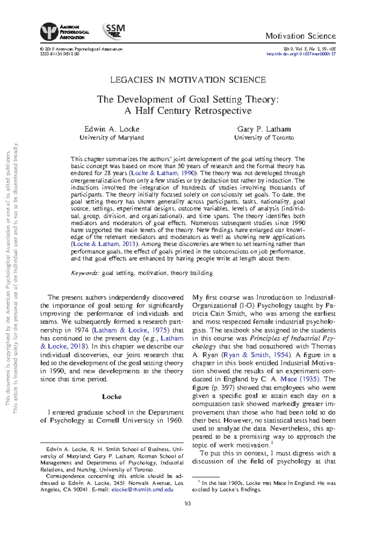 4.1 The development of goal setting theory - PSY1129 - George Brown ...