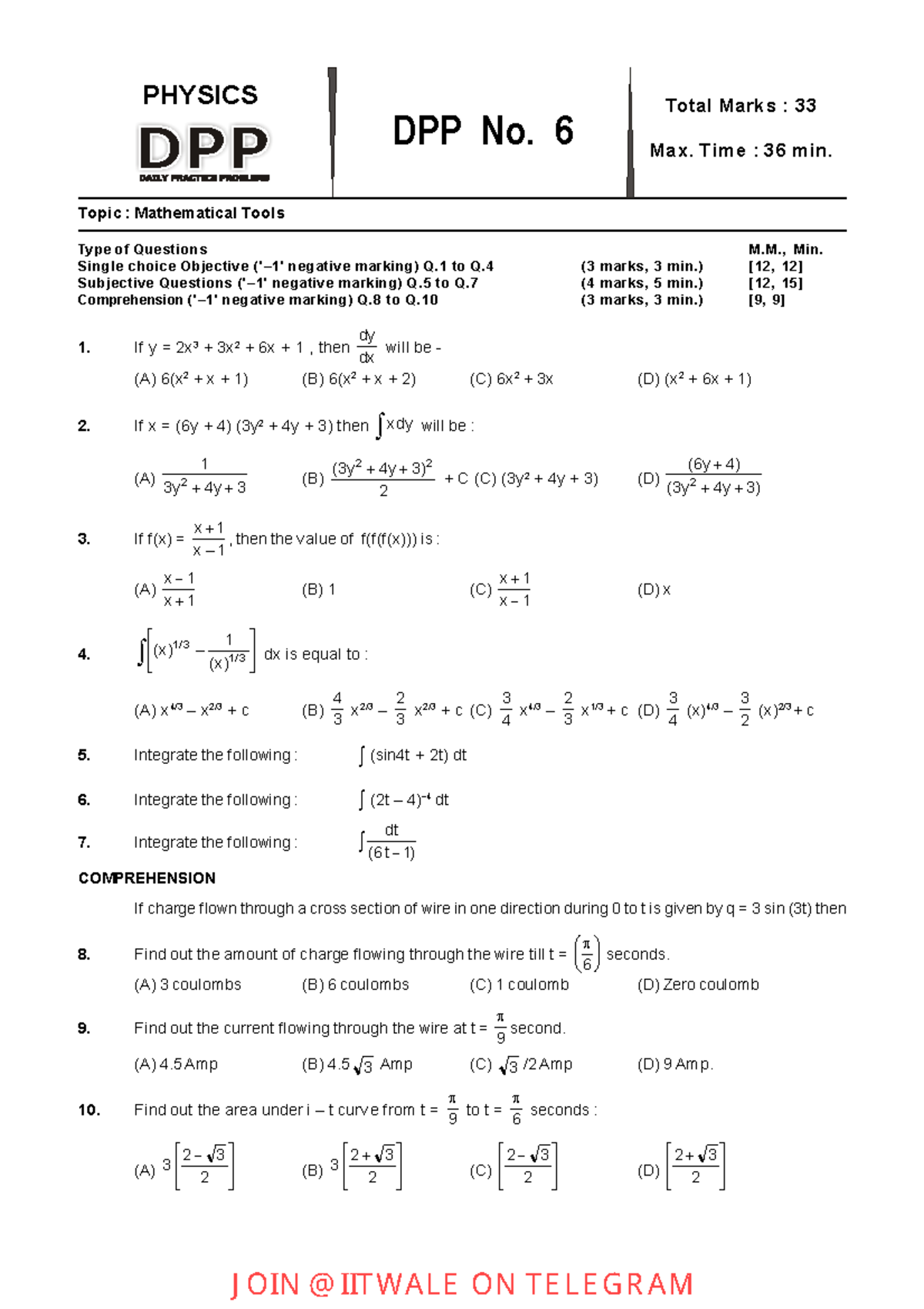 6 Mathematical Tools - Imp - PHYSICS DPP No. 6 Total Marks : 33 Max ...
