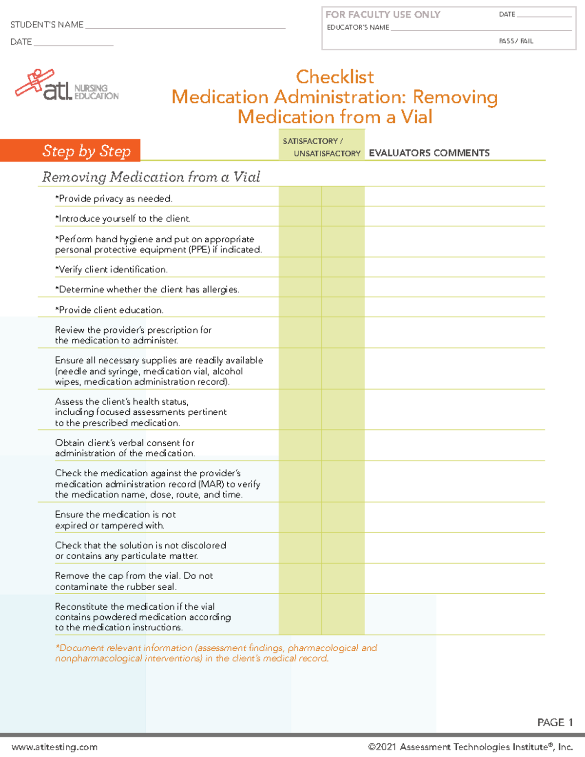 Ati Medication Administration Removing Medication from a Vial checklist