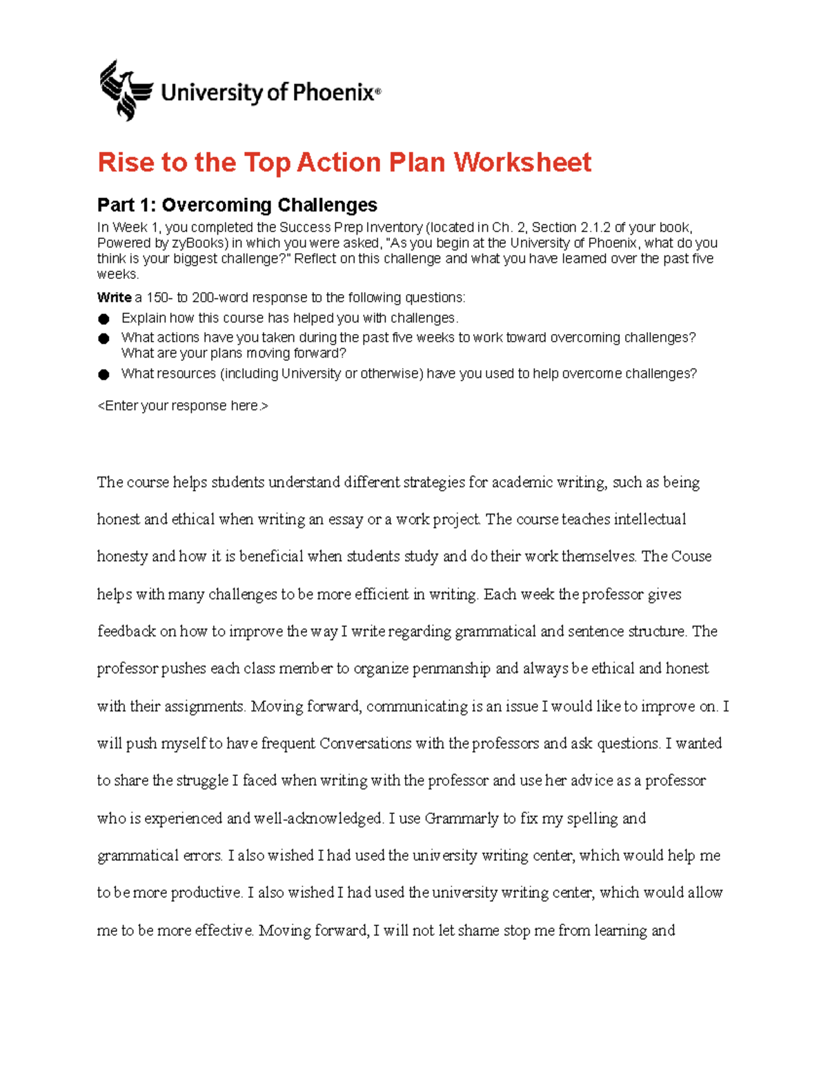 Rise to the Top Action Plan Worksheet - 2, Section 2.1 of your book ...