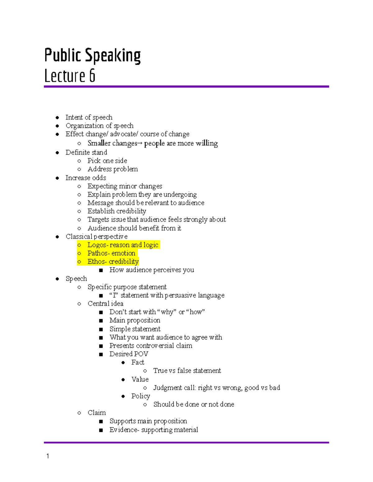 F.o.S. Lecture 6 Public Speaking Lecture 6 Intent of speech