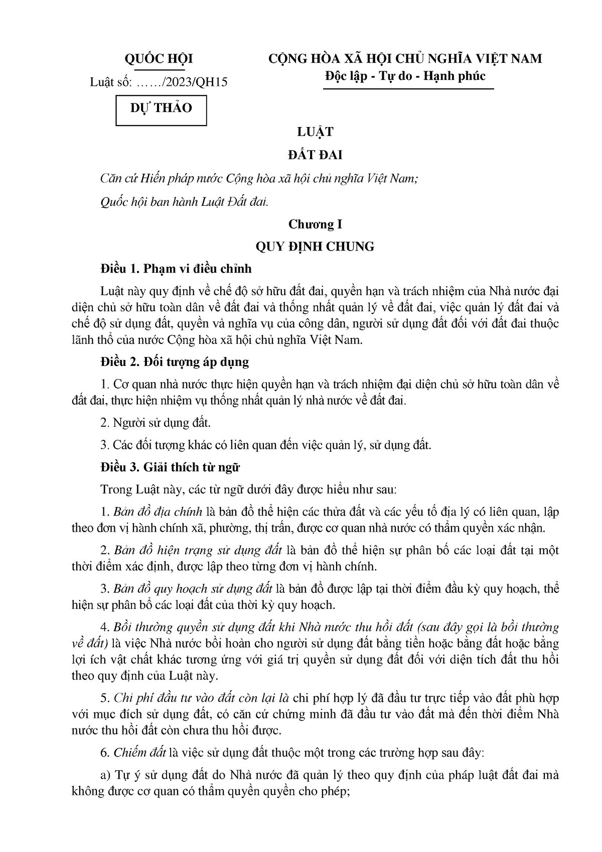Dự thảo Luật Đất đai - QUỐC HỘI Luật số: ....../2023/QH CỘNG HÒA XÃ HỘI ...