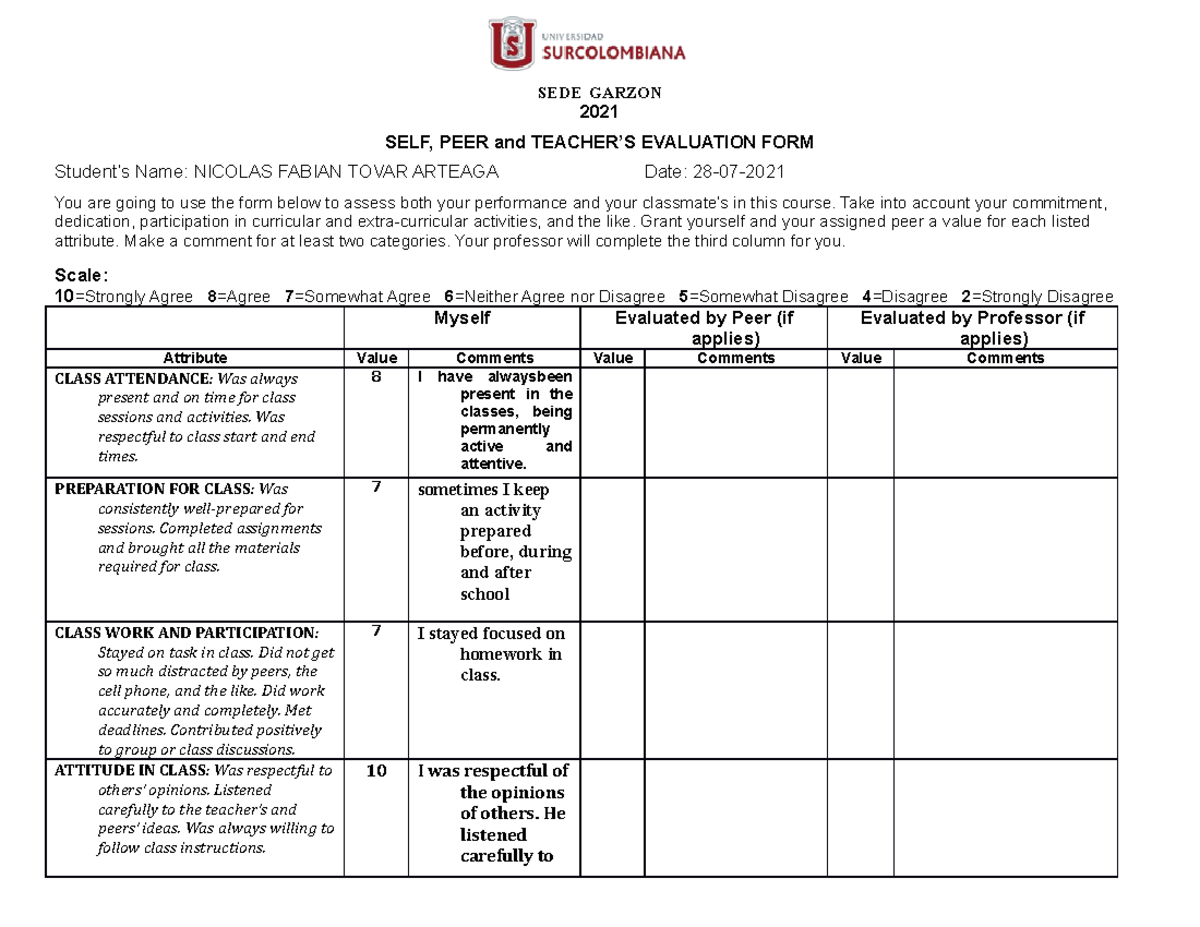 1. SELF AND PEER Evaluation FORM 2021 - SEDE GARZON 2021 SELF, PEER and ...