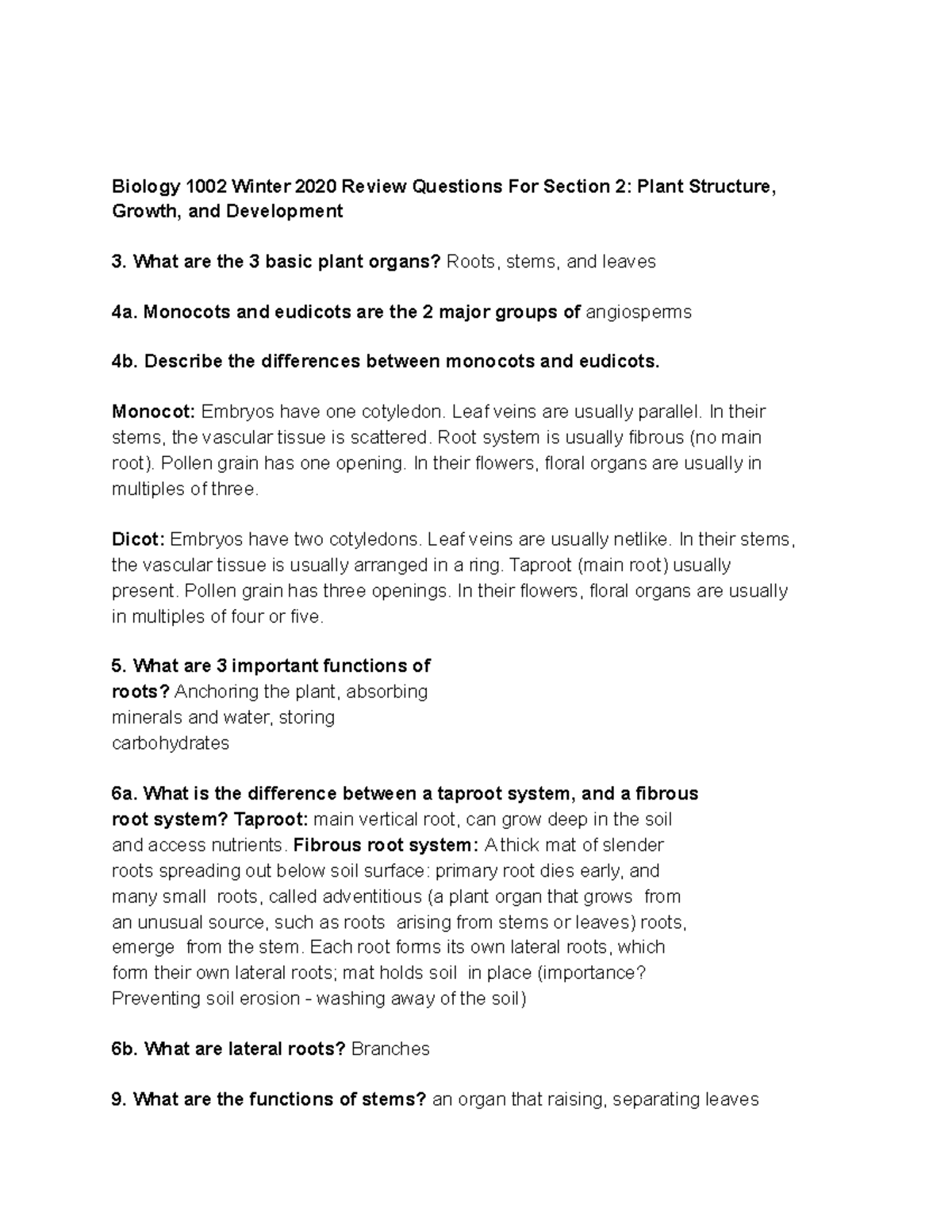 Biology 1002 W20 Section 2 Review Questions - BIOL 1002 - Memorial ...