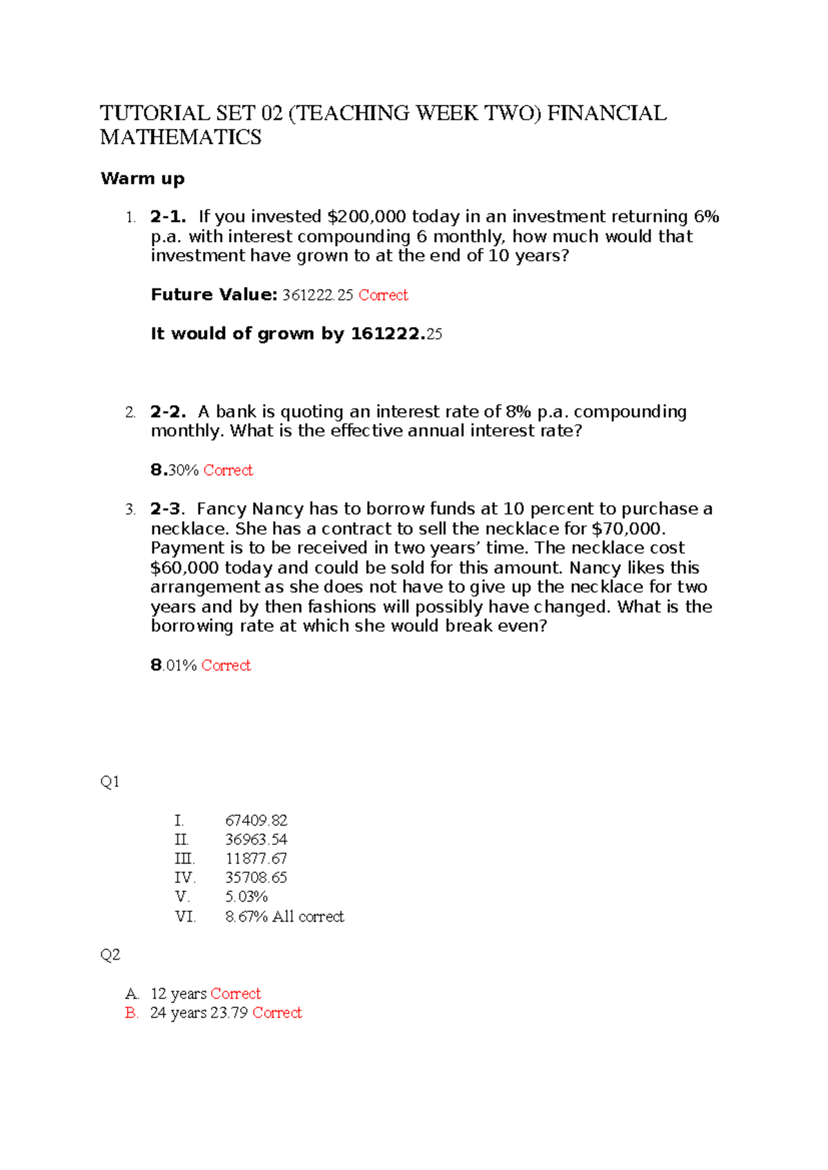 Tutorial SET 02 - TUTORIAL SET 02 (TEACHING WEEK TWO) FINANCIAL ...