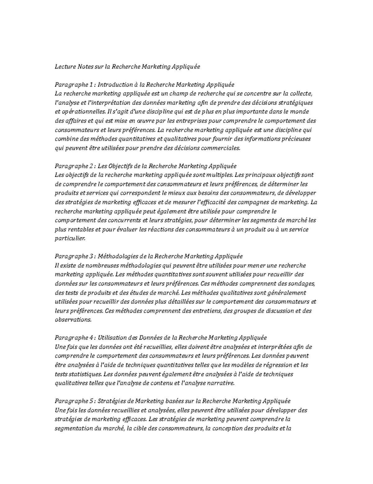 Applied Marketing Research note study - Lecture Notes sur la Recherche ...