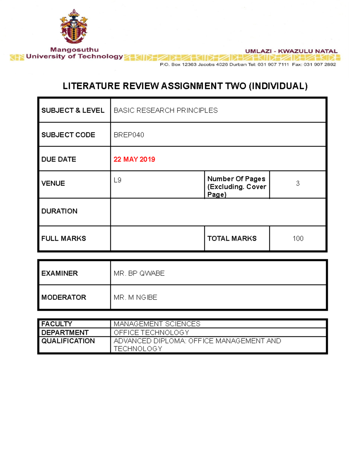 Assignment Two - Literature Review 2019 - LITERATURE REVIEW ASSIGNMENT ...