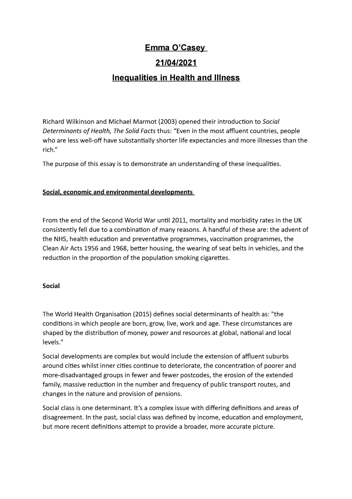 social class and health inequalities essays