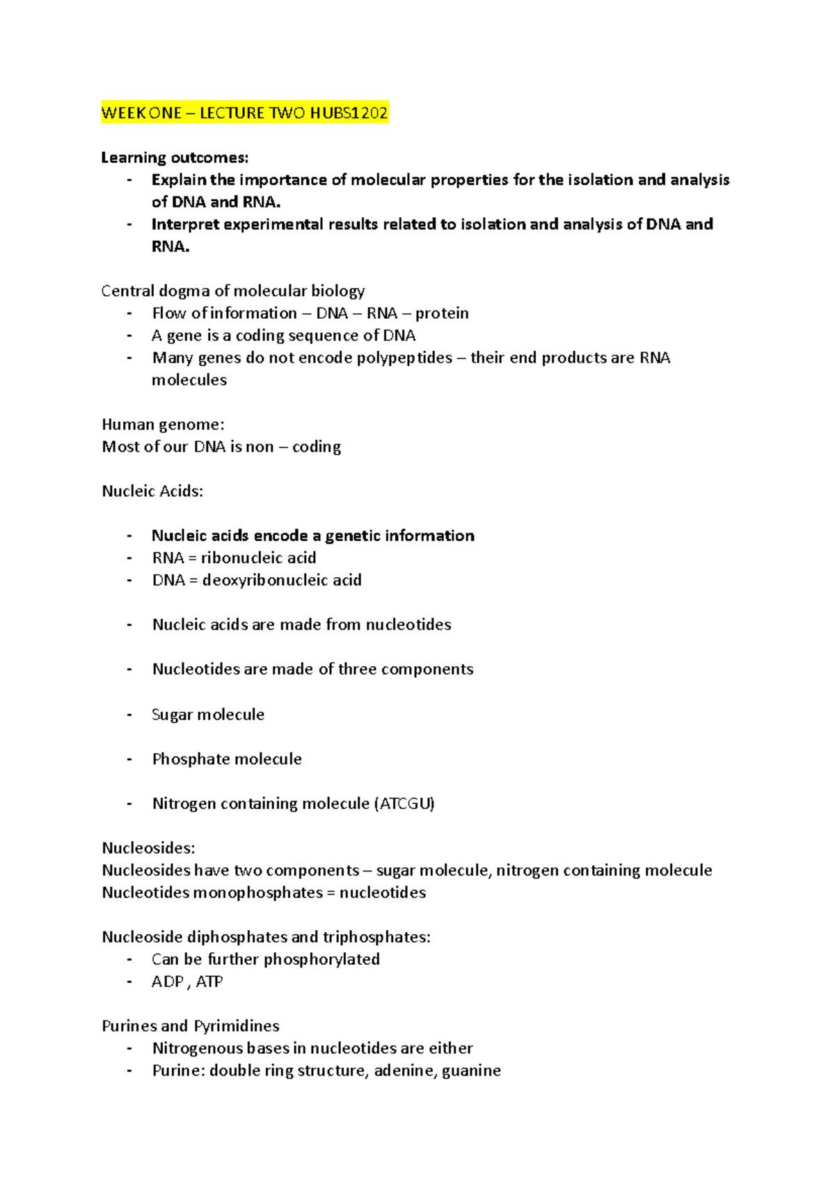 WEEK ONE - Genomics HUBS 1202 - WEEK ONE – LECTURE TWO HUBS Learning ...