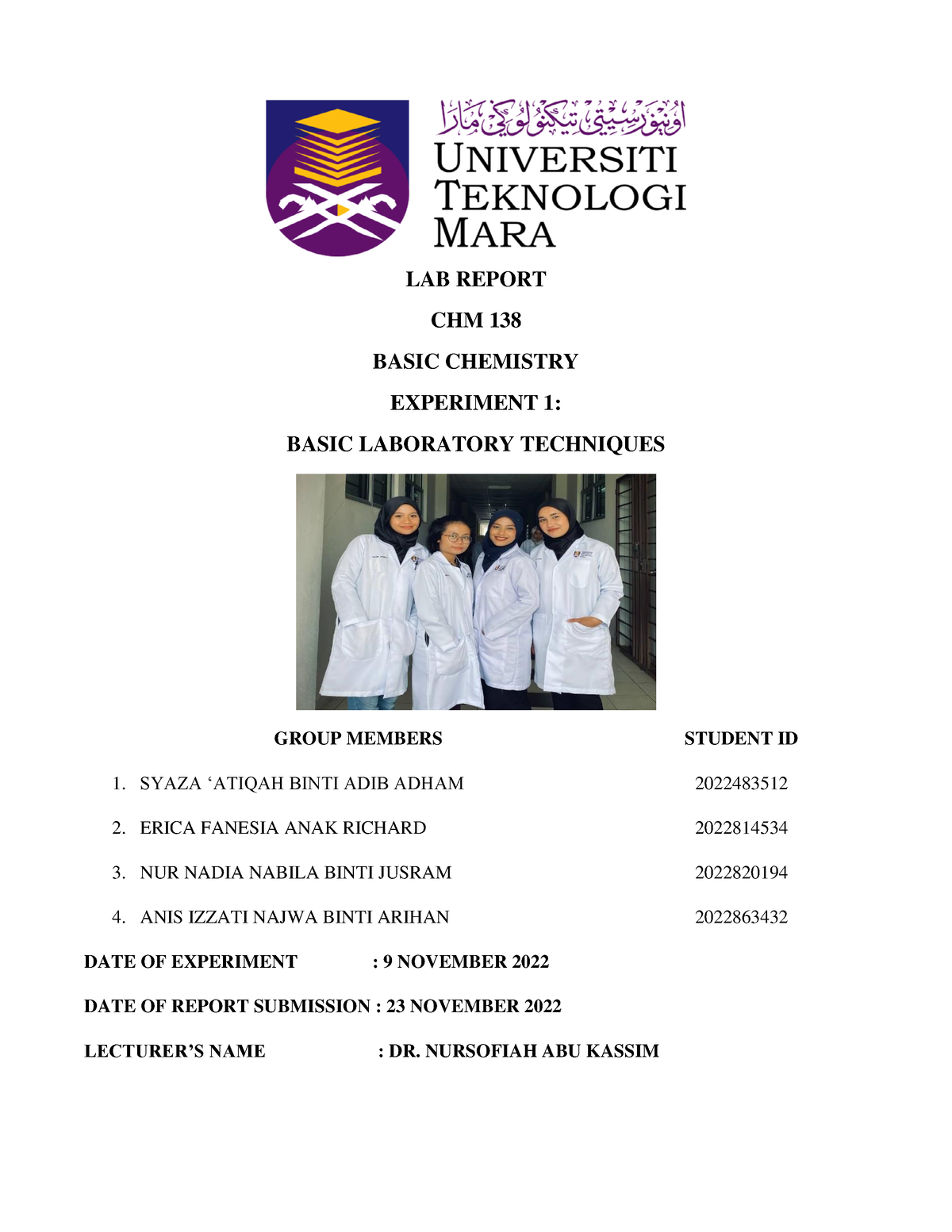 lab report chemistry experiment 1 matriculation