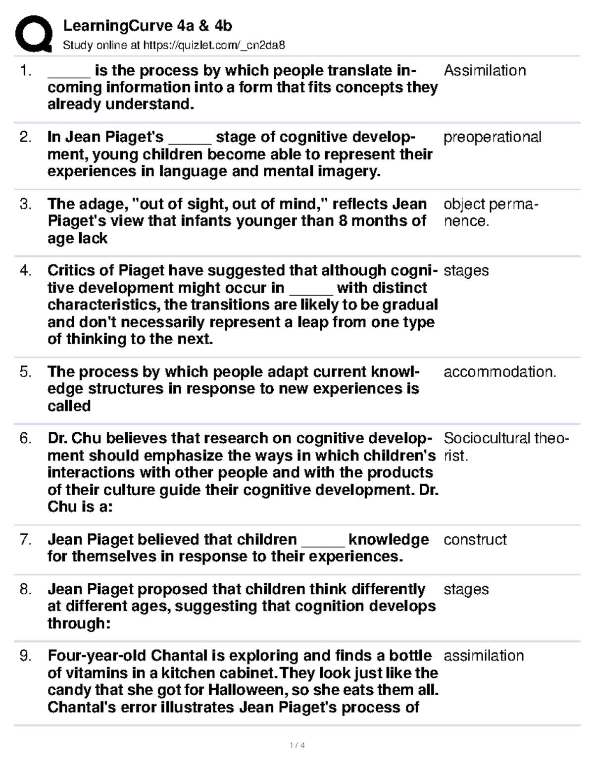 Learning Curve 4a 4b Child Psychology Study online at quizlet