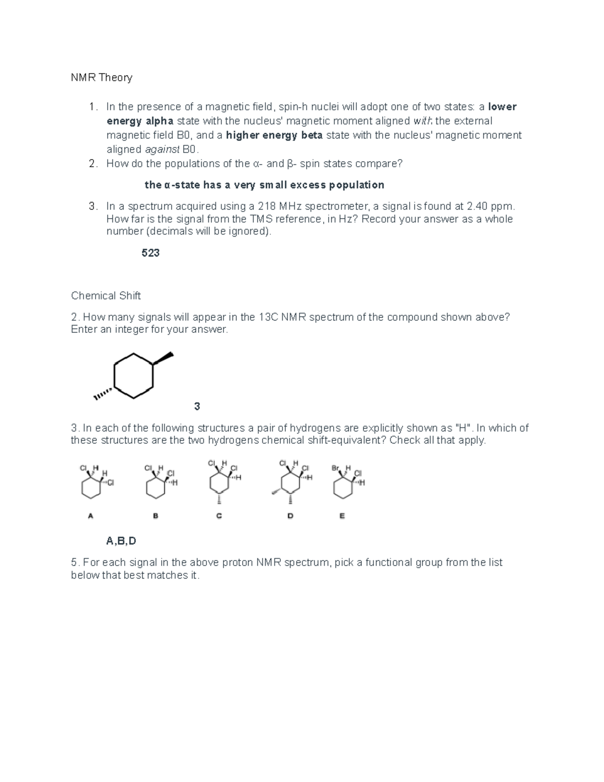 NMR, Part 1 Quiz Questions NMR Theory In the presence of a