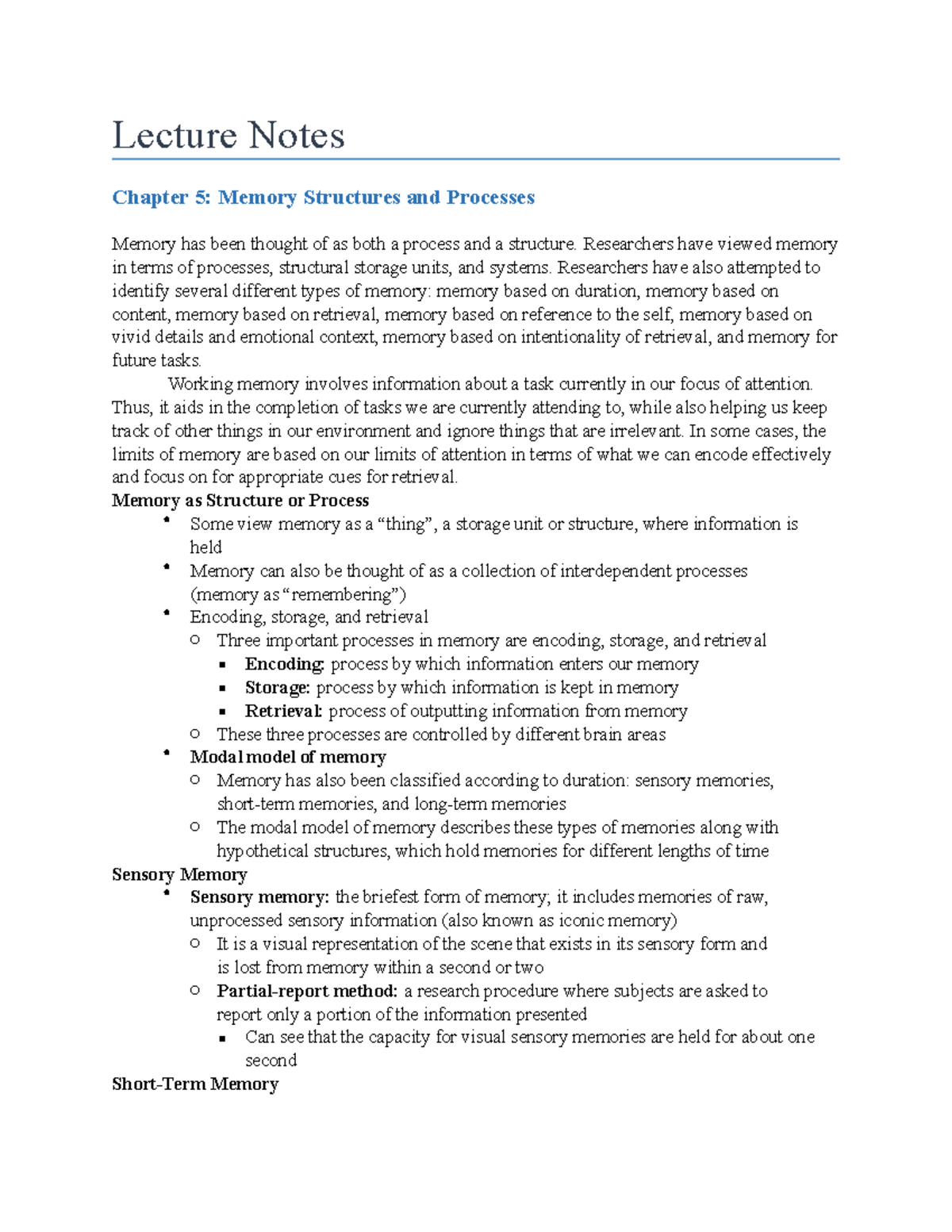 PSY 200 Chapter 5 - Study Material - Lecture Notes Chapter 5: Memory ...