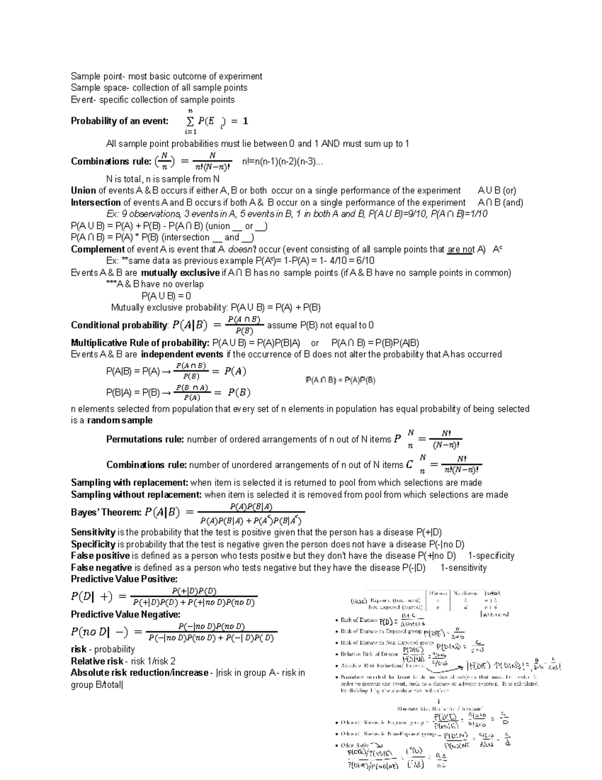 Biostats exam 2 formula sheet chapters 3-4 - ST310 - Studocu