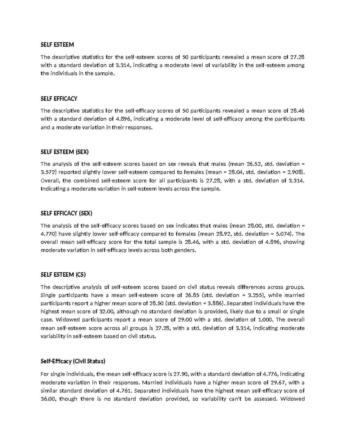 Interpretation - Sts - SELF ESTEEM The descriptive statistics for the ...